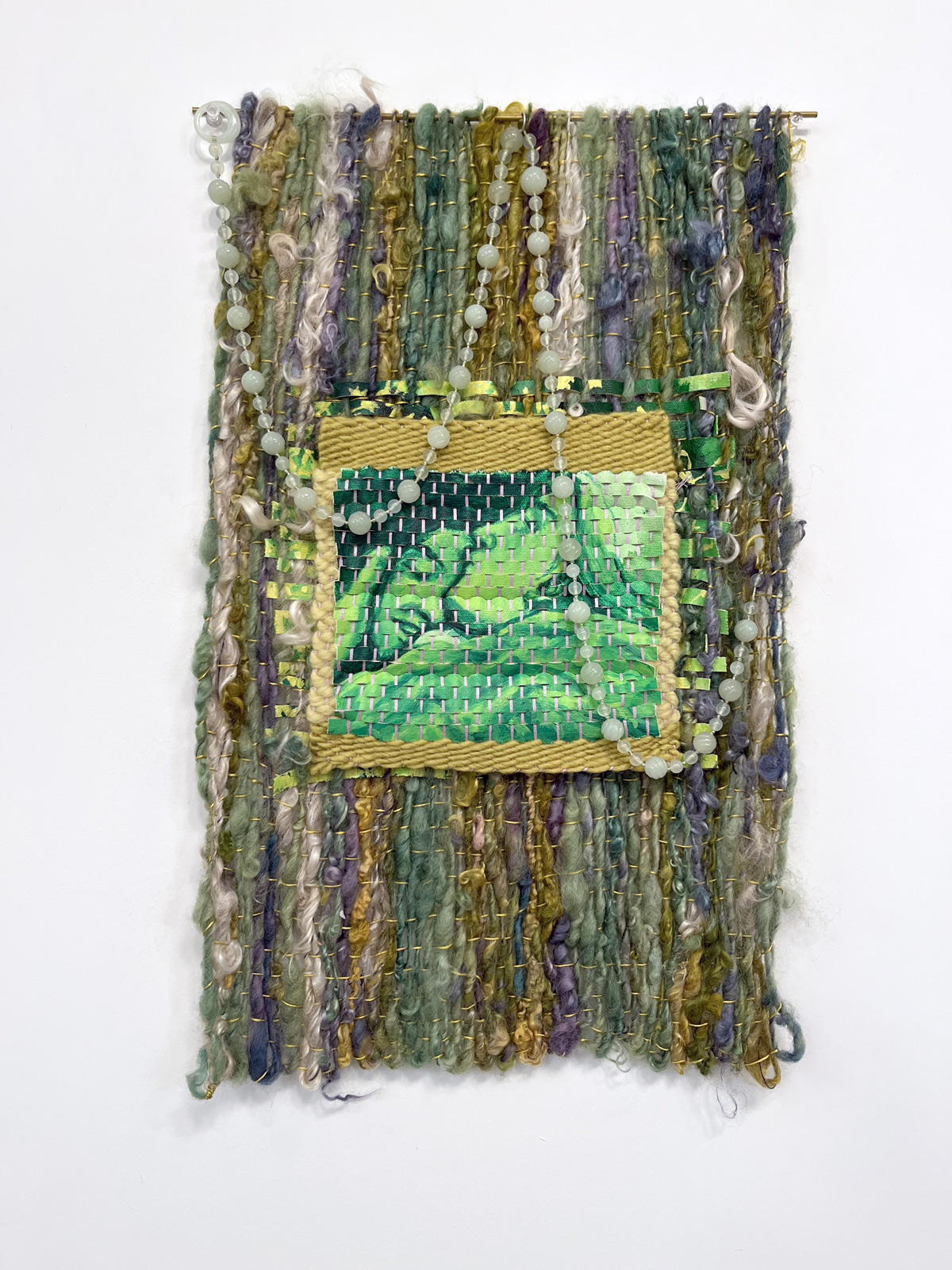 Romance (Sringar), 23 x 13”, acrylic on canvas painting; art yarn, thread, jade necklace, brass rod, 2023